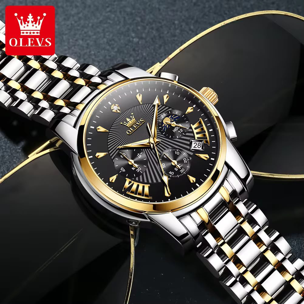Montre OLEVS Impérial Black &amp; Gold – Chronographe de Luxe pour Homme